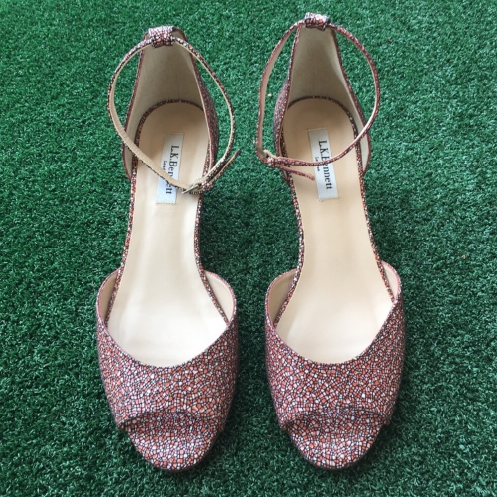 LK Bennett Espadrille Cork Wedge Sandals Geo Print Leather Pink Black 40